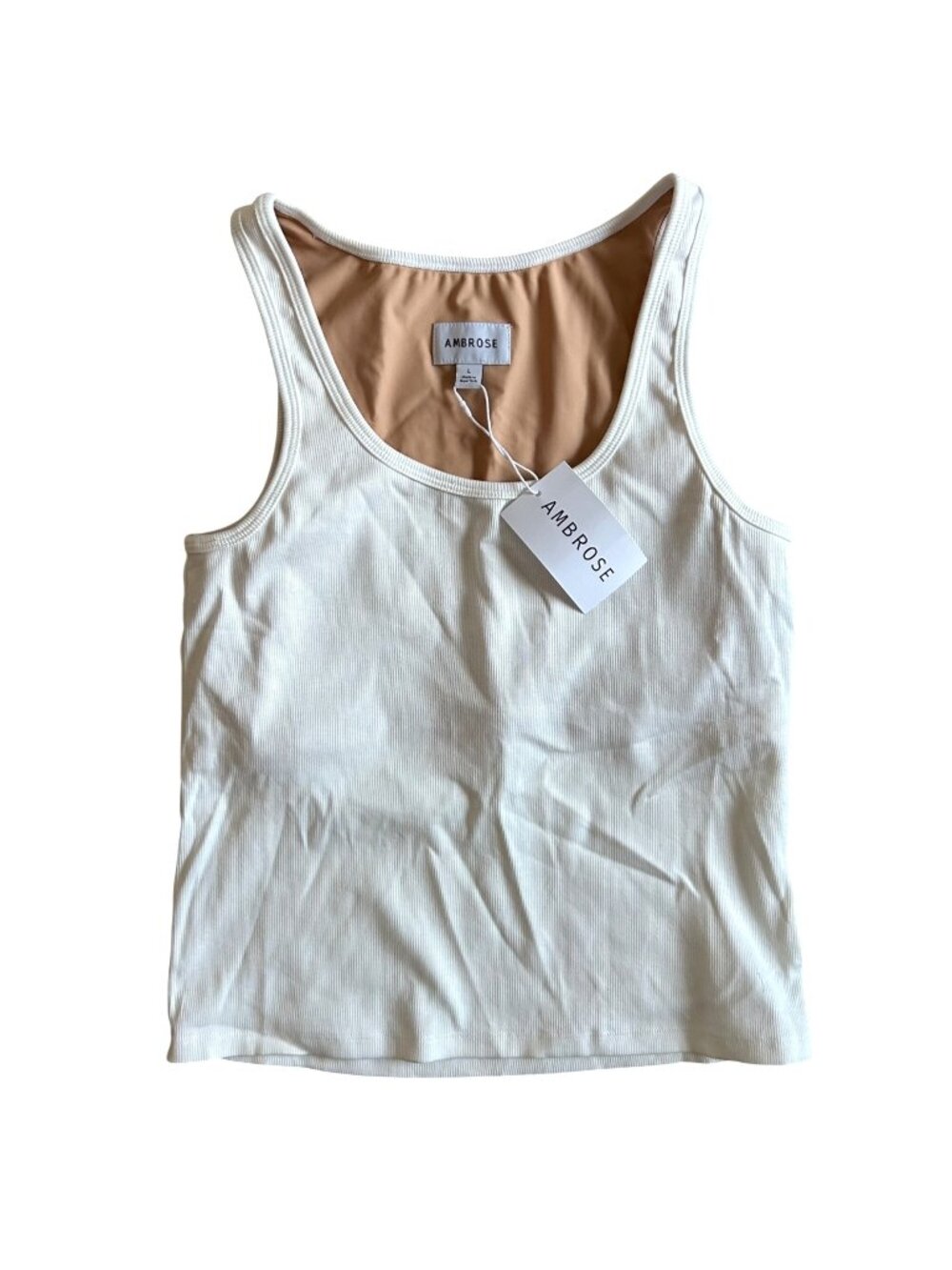 Ambrose Women's Sz Large Lined Nude/White Low Scoop Ribbed Tank Top